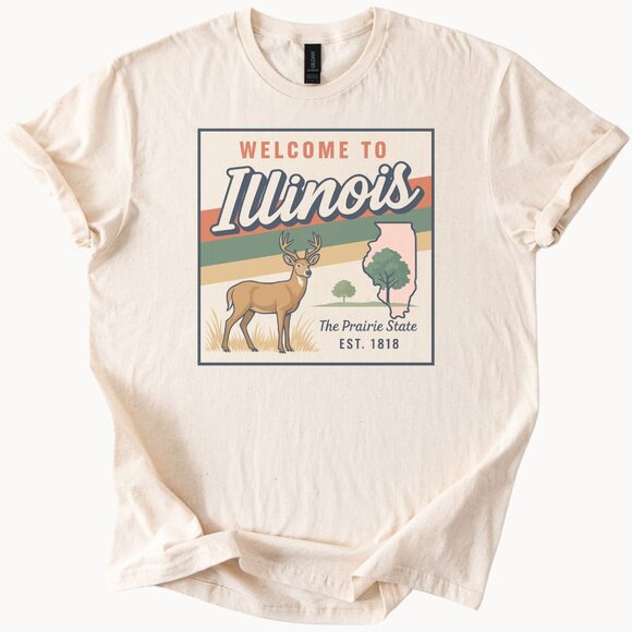 Gildan Tops - Illinois Welcome Shirt Prairie State Deer Graphic Illinois Outline Est 1818